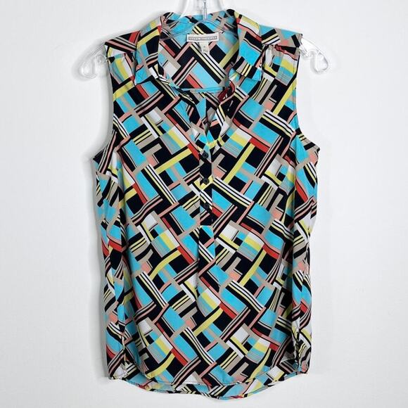 Dana Buchman Women's Sleeveless Top S Multicolor Geometric Print Tank 1/4 Button - Picture 2 of 8